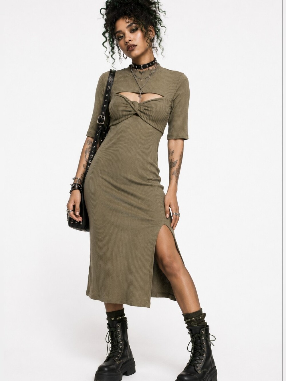 Olive Rib Midi Cutout Sweater Dress Alt, Casual, Grunge Streetwear